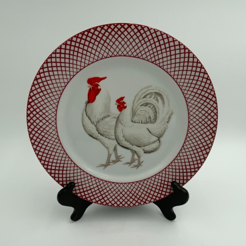 The Haldon Group Devonshire WHITE Rooster & Hen Dinner Plate Vintage Red & White
